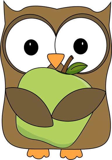 Owl Holding A Green Apple Clip Art - Owl Apple Clipart (384x550)