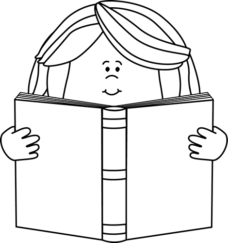 Black And White Girl Reading A Book Clip Art - Cartoon Reading Black And White (470x500)