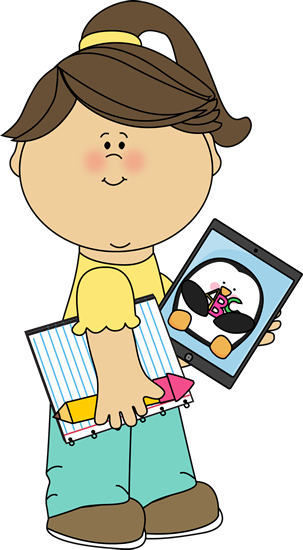 Girl With School Supplies And Tablet - Sad Face Girl Clipart (303x550)