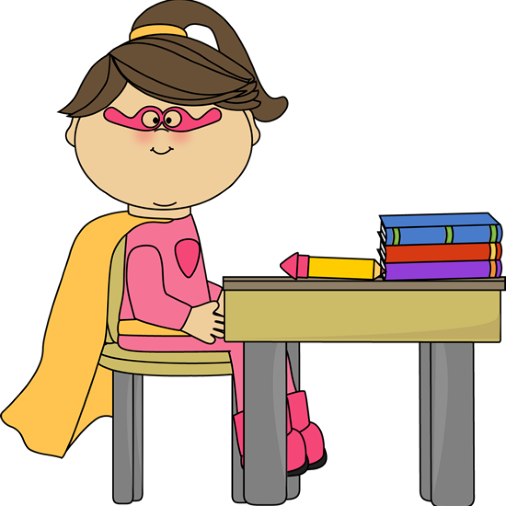 Girl Superhero At School Desk - Girl At Desk Clip Art (1024x1024)