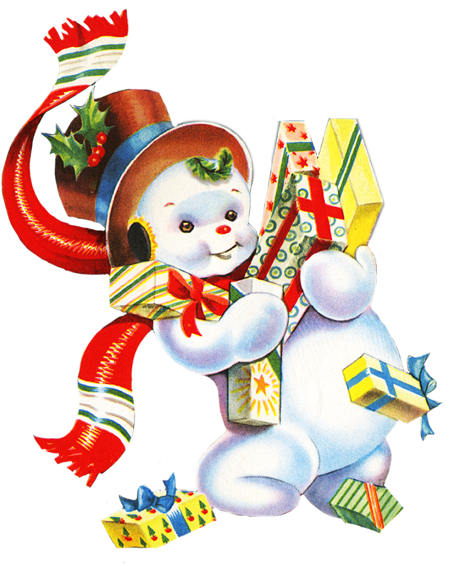 Vintage Snowman With Christmas Presents - Cartoon (700x886)