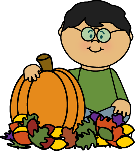 Boy Sitting In Leaves With Pumpkin Clip Art - Fall Kids Clipart (471x525)