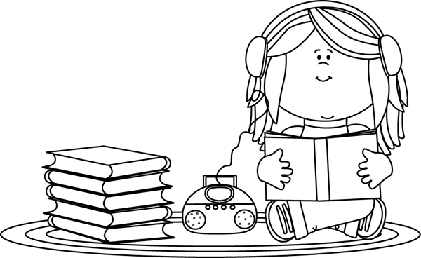 Black And White Girl Listening To A Book On A Cd Player - Girls Reading Clipart Black And White (600x368)