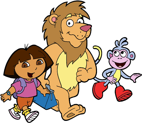 Diego Dora Walking With Leon The Lion And Boots - Cartoon (596x517)