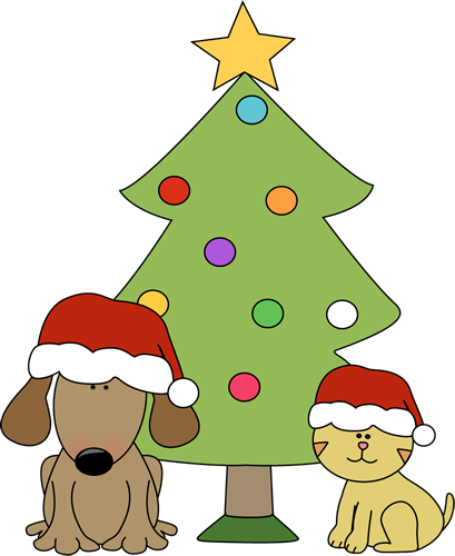 Christmas Dog And Cat In Front Of Tree - Christmas Dog And Cat Clip Art (409x500)
