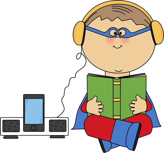 Boy Superhero Listening To A Book - Listening Center Clip Art (550x512)