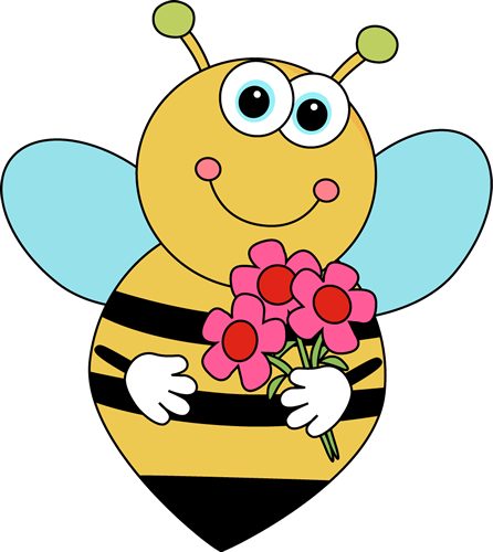 Cartoon Valentine's Bee With Flowers - Bees And Flowers Clipart (446x500)