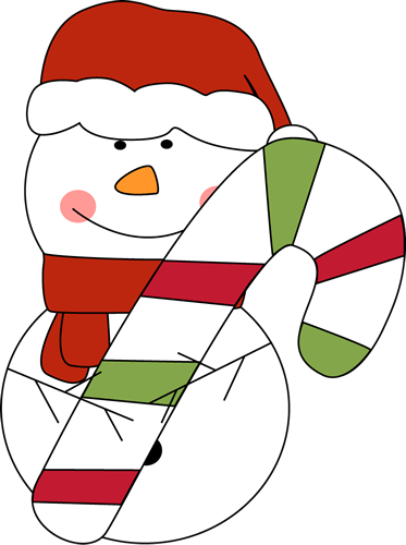 Christmas Snowman With Candy Cane - Candy Cane Clip Art (373x500)