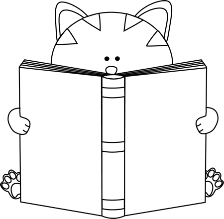 Black And White Cat Reading A Book - Cute Book Clipart Black And White (450x440)