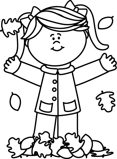 Black And White Girl Playing In Leaves Clip Art - Clipart Black And White Girl (398x541)