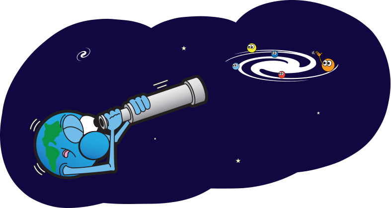 A Cartoon Of Planet Earth Looking At A Galaxy Through - Solar System Cartoon Png (787x419)