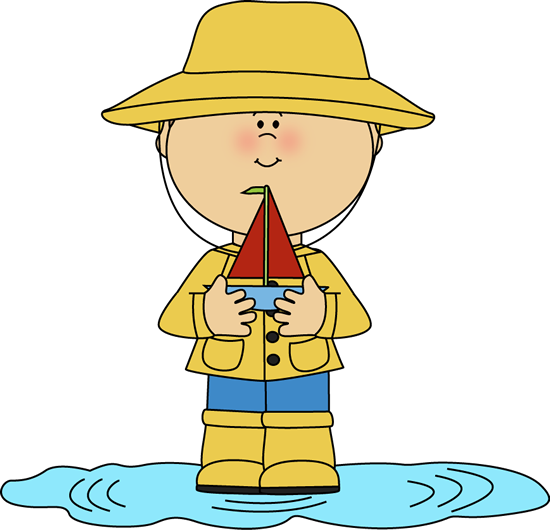 Boy In Rain Puddle With Toy Boat - Boy In Raincoat Clipart (550x530)