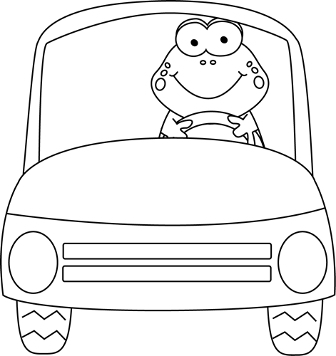Black And White Frog Driving A Car Clip Art - Frog In Car Clip Art (471x500)