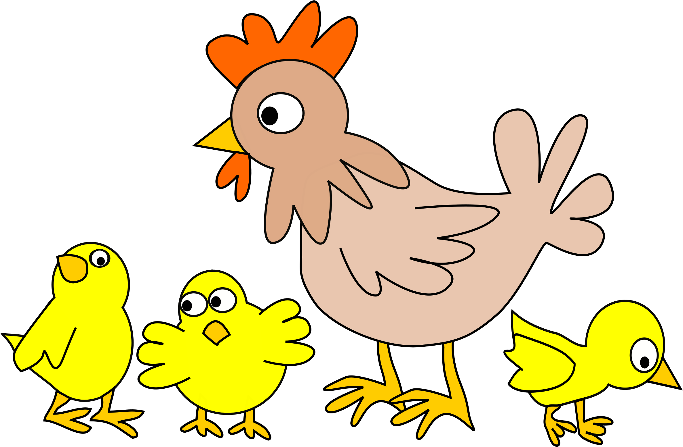 Hen With Three Chicken - Hen And Chicks Cartoon (2400x1800)