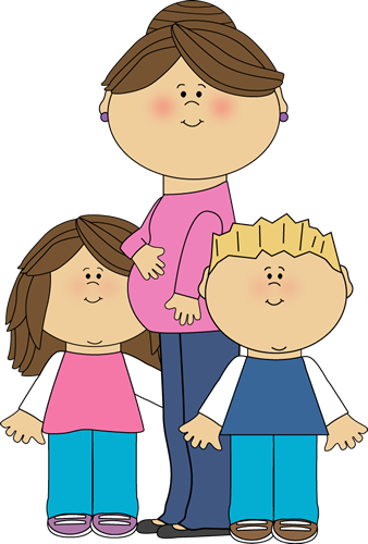 Brunette Pregnant Mom With Kids - Clip Art Kid And Mom (338x500)