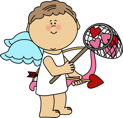 Cupid Catching Valentine Hearts Clip Art - Cupid Boy Clip Art (400x381)