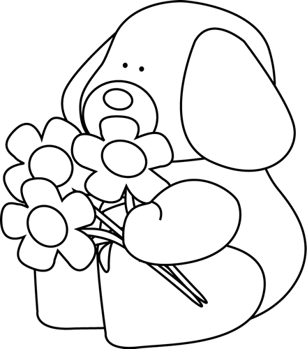 Black And White Valentine's Day Dog With Flowers Clip - Valentine's Day (440x500)