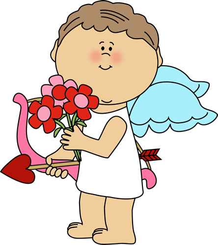 Valentine's Day Cupid With Flowers - Valentine's Day Cute Cupid (444x500)