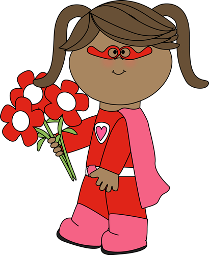 Valentine's Day Superhero Girl With Flowers Clip Art - Superhero Valentine Clip Art (410x500)