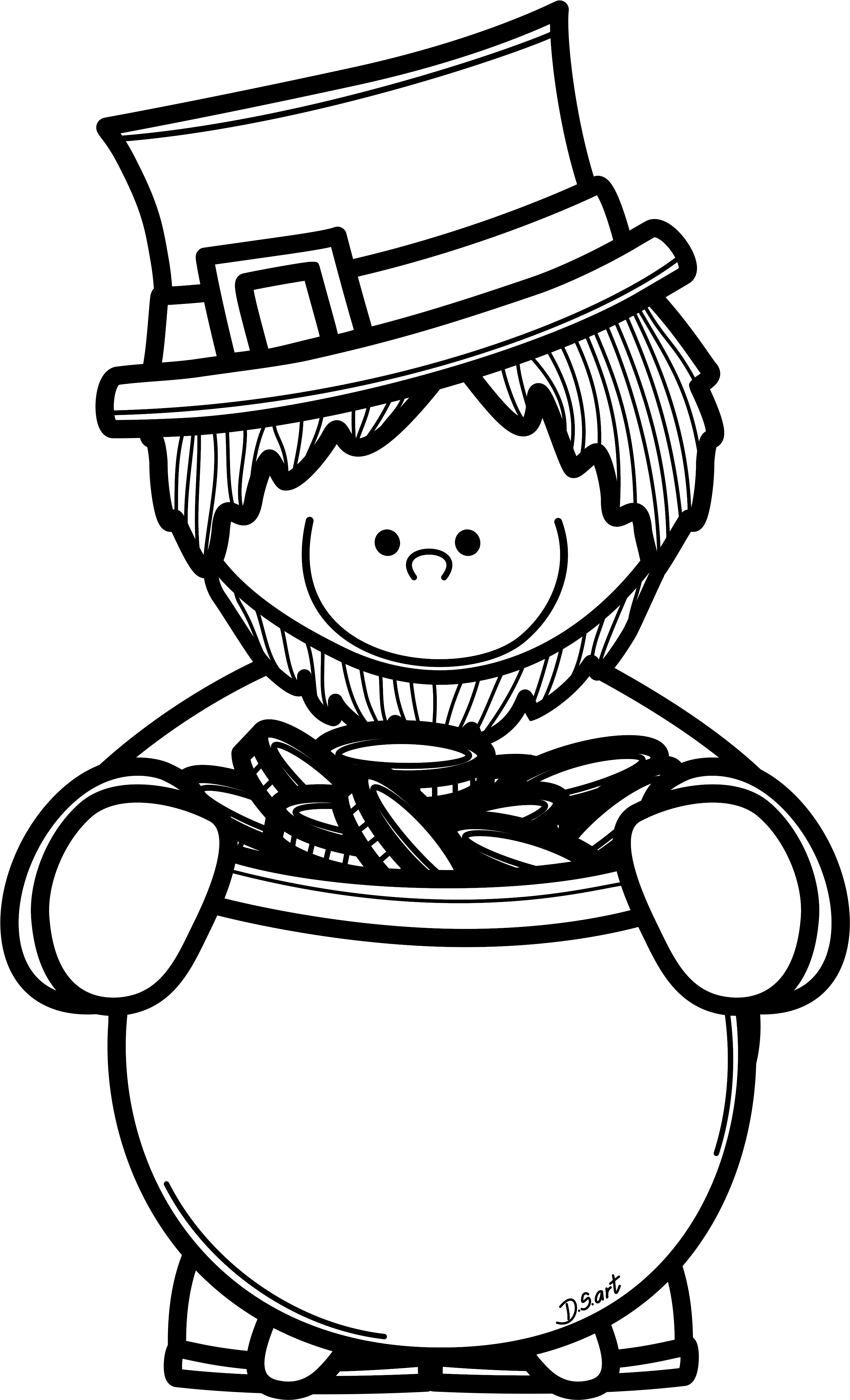 Black And White Coloring Page Of Leprechaun And Pot - White (2959x4834)