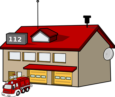 Fire Station House Building Fire Engine Tr - Fire Station Clipart (401x340)