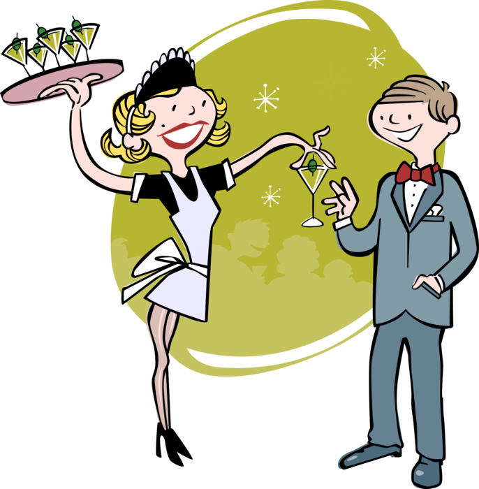 Vector Illustration Of Cocktail Waitress Serving Martini - Party Pictures Clip Art (686x700)