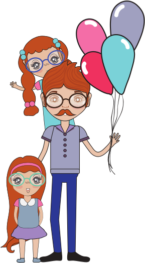 Father With His Daughters Holding Balloons - Cartoon (550x550)