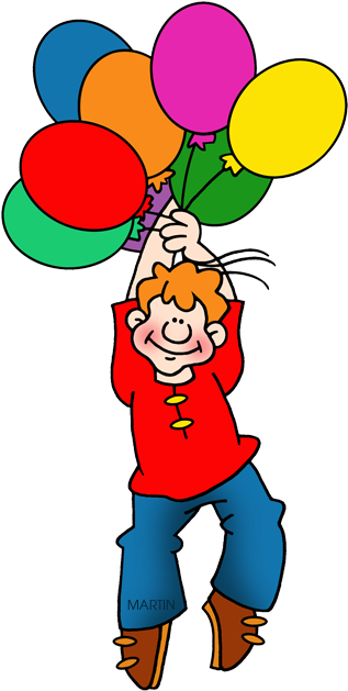 Birthday Clip Art By Phillip Martin, Balloons Lifting - Clipart Boy With Balloons (339x648)
