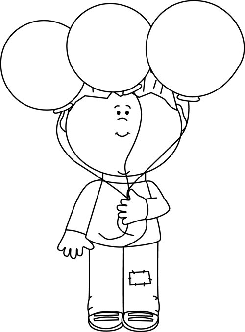 Black And White Little Boy And Balloons Clip Art - Boy With Balloons Black And White (500x679)