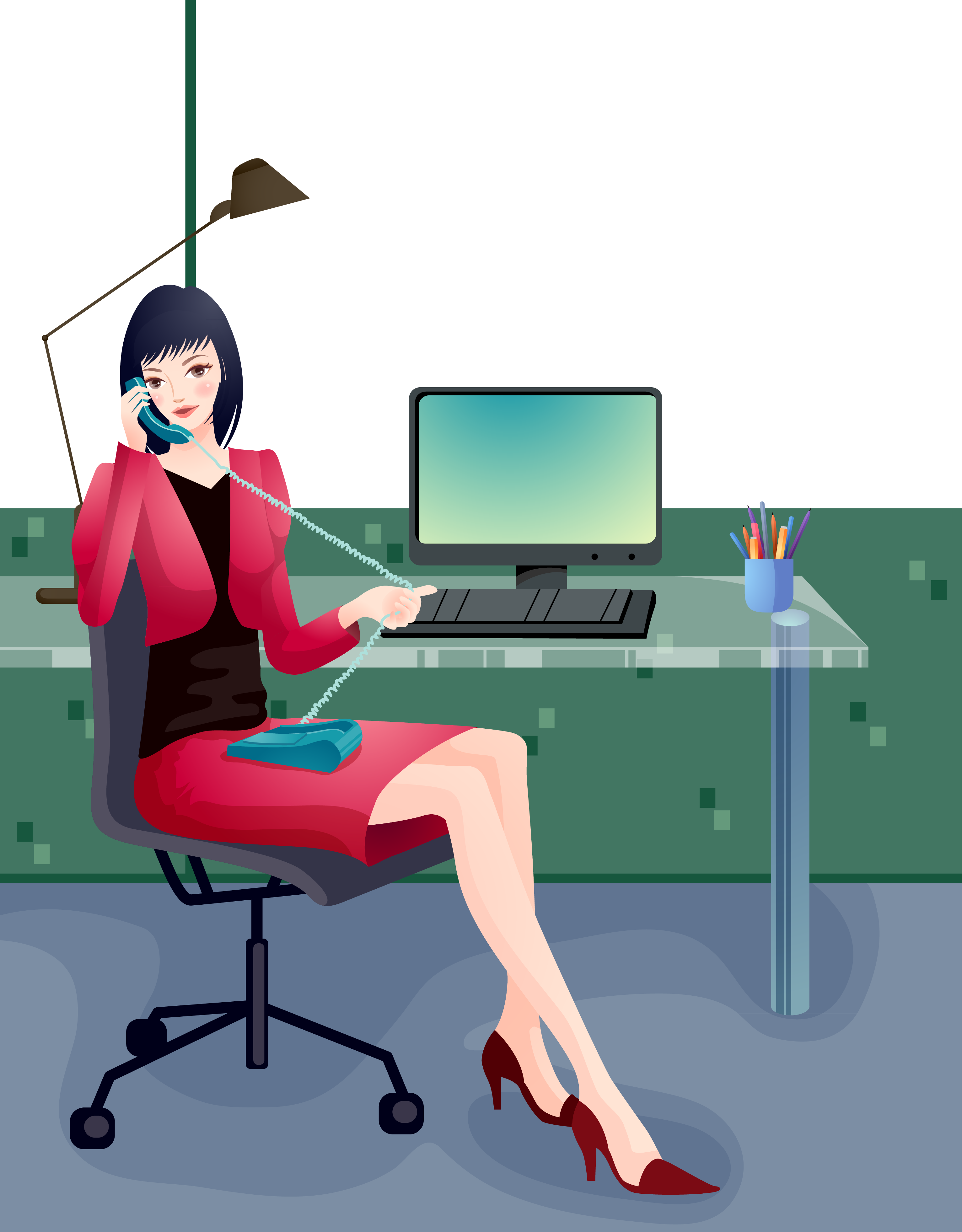 Cartoon Woman Computer File - Office Lady Sitting On Desk Illustration (3065x3926)