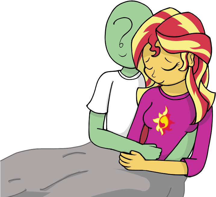 Zharkaer, Blanket, Clothes, Cuddling, Equestria Girls, - Sunset Shimmer And Anon (1015x736)