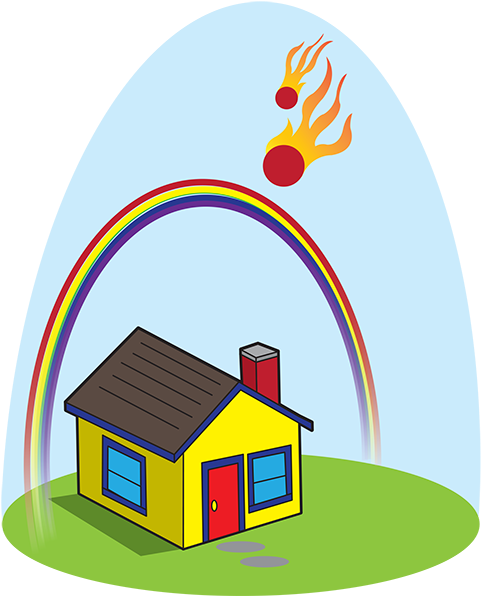 Cartoon Of Little House Under A Rainbow, With Two Flaming - Rainbows With A House Under (492x601)