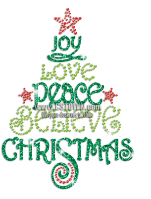 Joy Love Peace Believe Christmas Iron On Glitter Rhinestone - Christmas Ornament (450x450)