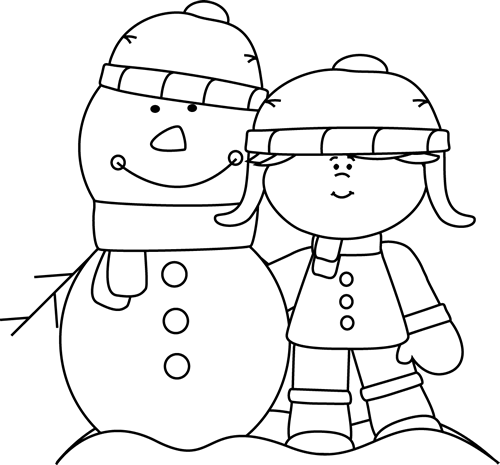 Black And White Girl With Snowman - Clip Art (500x465)