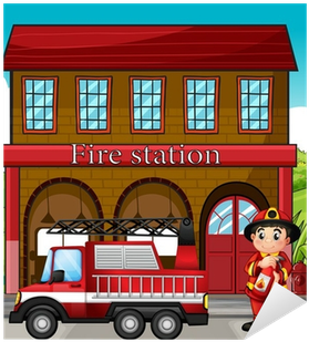 A Fireman With A Fire Truck In A Fire Station Sticker - Imagenes De Fire Station (400x400)