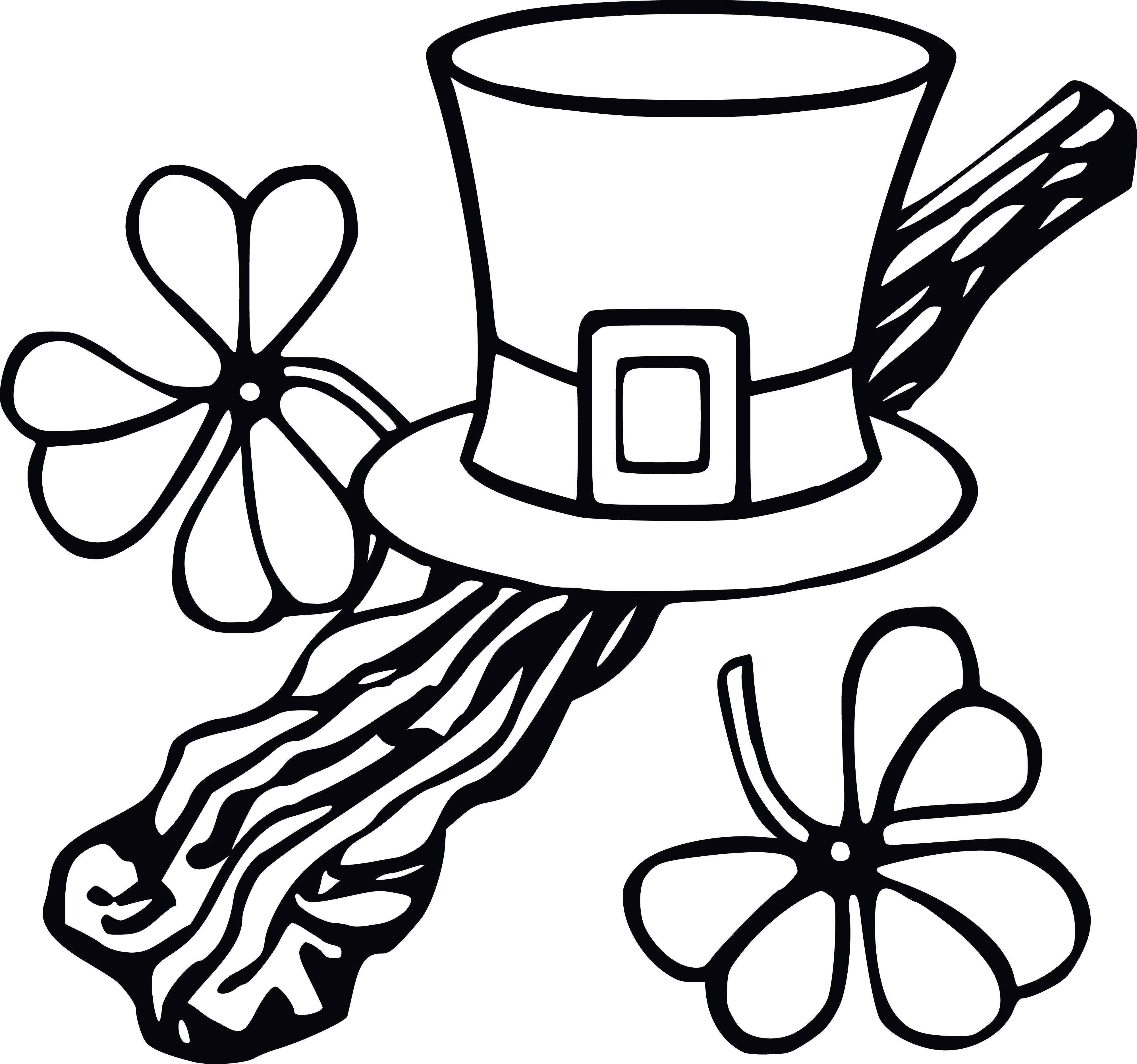 Free Clipart Of A Leprechan Hat And Shamrocks, Black - St Patrick's Day Clip Art (4000x3745)
