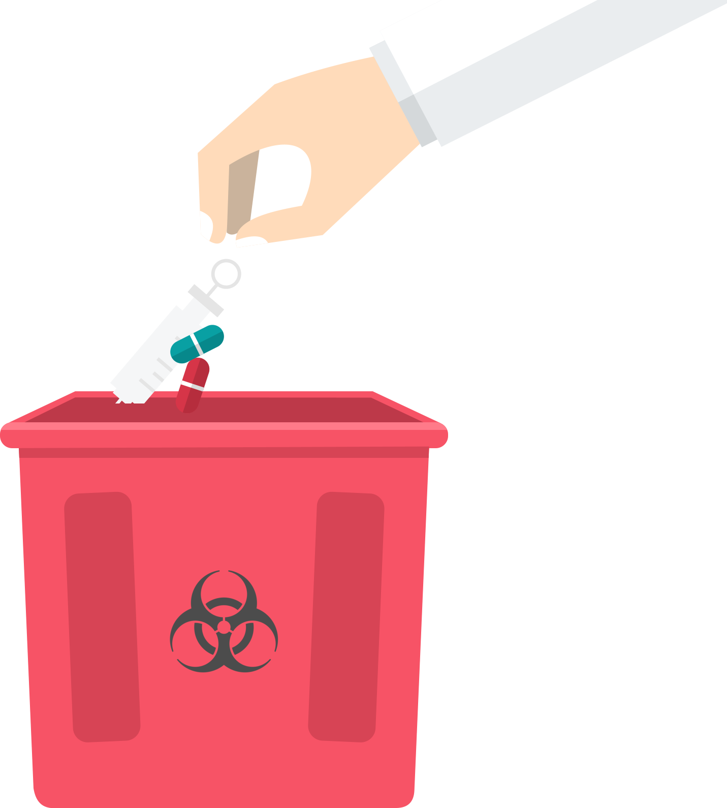 Hands Throwing Medical Supplies On A Trash Bin - Biohazard Symbol (1431x1590)