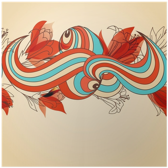 Floral Seamless Pattern, Abstract Swirls And Red Flowers - Vector Graphics (400x400)