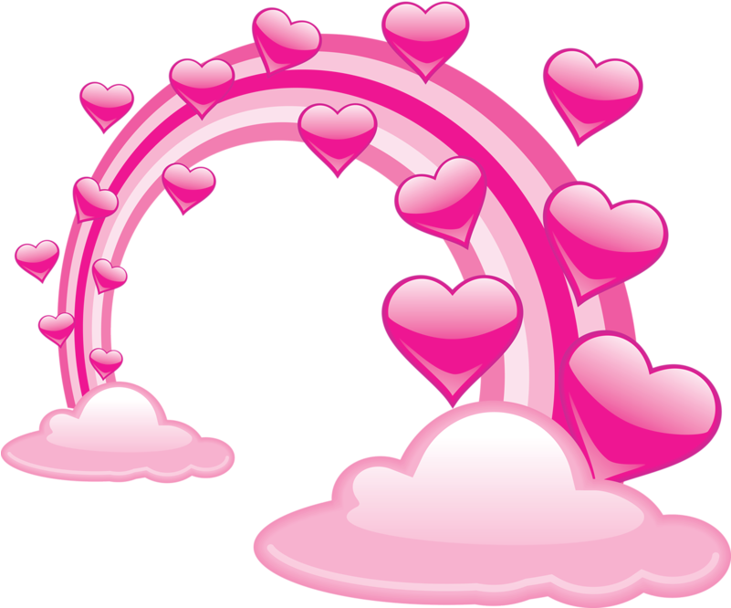 Pink Valentine Clouds With Hearts And Pink Rainbow - Pink Rainbow Png (825x688)