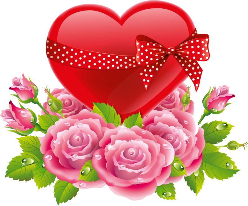 Red Heart & Polka Dot Bow With Pink Roses - Good Night Love Flower (800x665)
