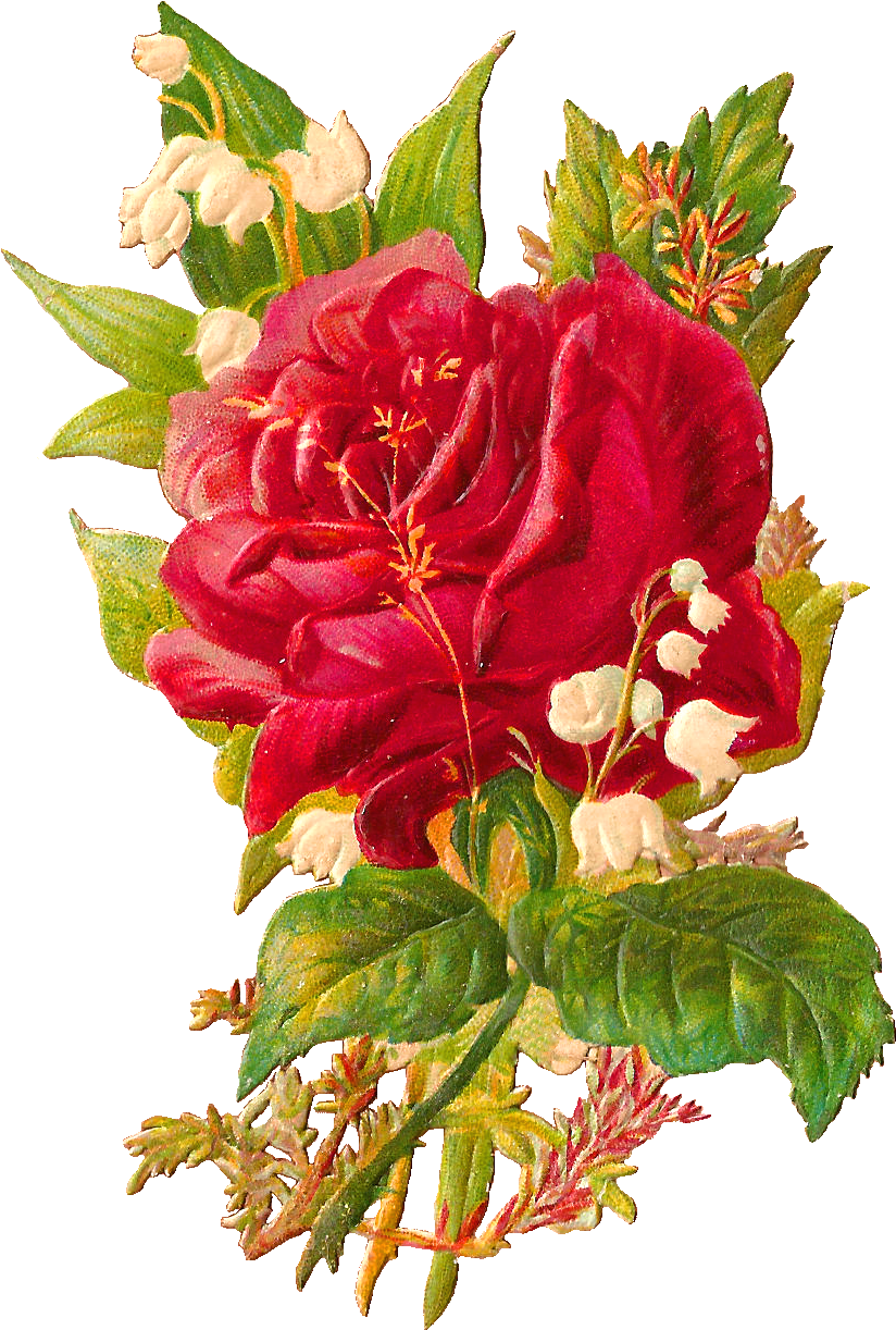This Is A Very Pretty Victorian Scrap Of Large Red - Rose And Lily Of The Valley Tattoo (964x1367)