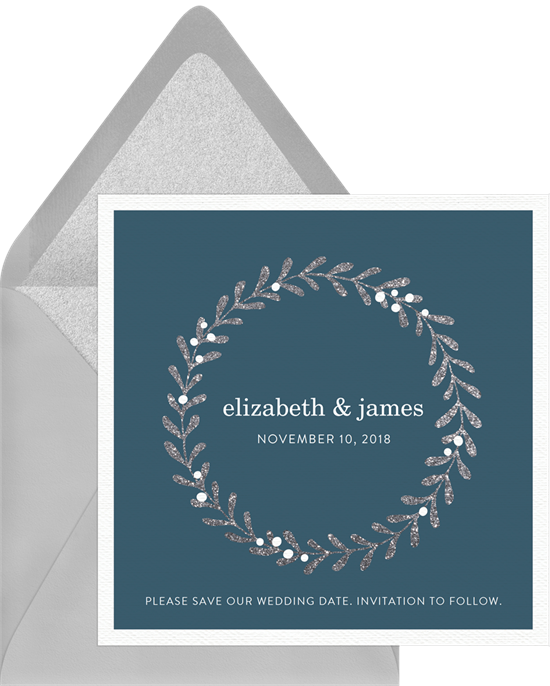 Glitter Wreath Save The Date In Blue - Wreath (550x686)