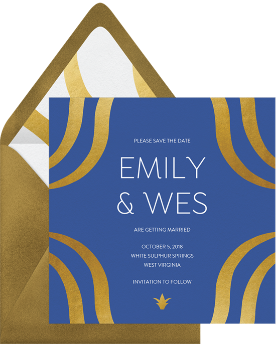 Luxe Gold Swirls Save The Date In Blue - Banner (550x686)