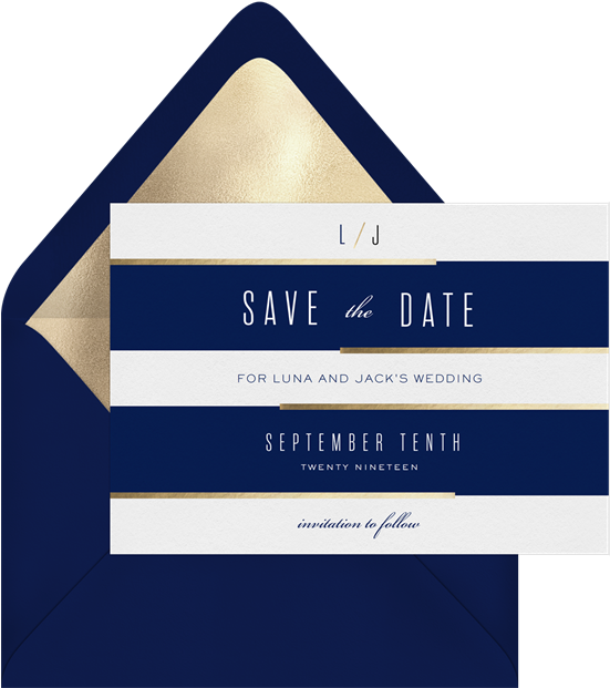 Gold Highlights Save The Date In Blue - Envelope (550x639)