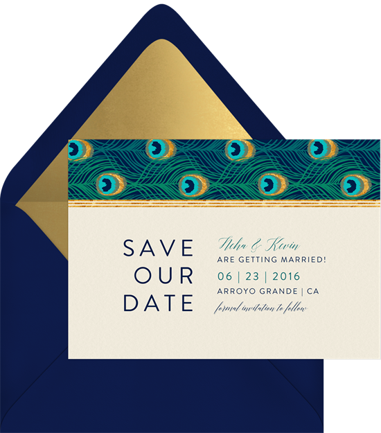 Peacock Frame Save The Date In Green - Triangle (550x625)