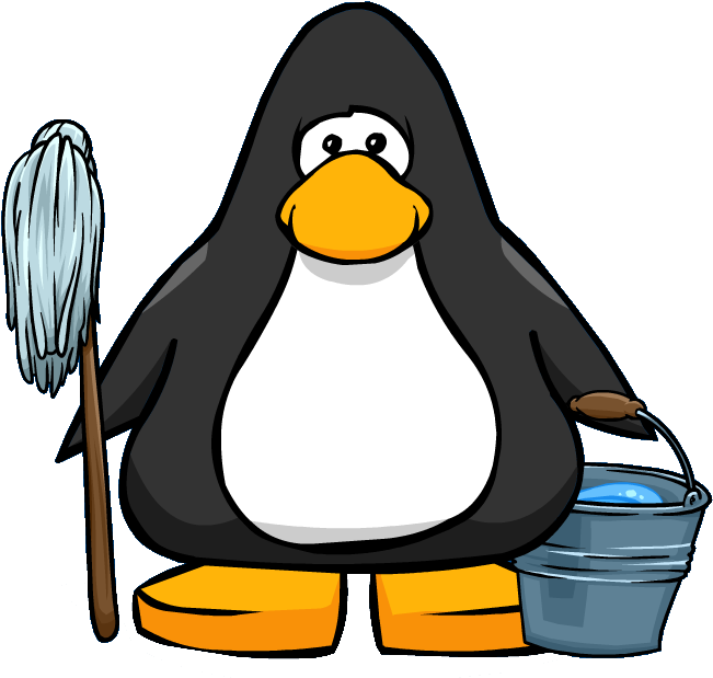 Mop And Bucket From A Player Card - Penguin With A Horn (677x631)