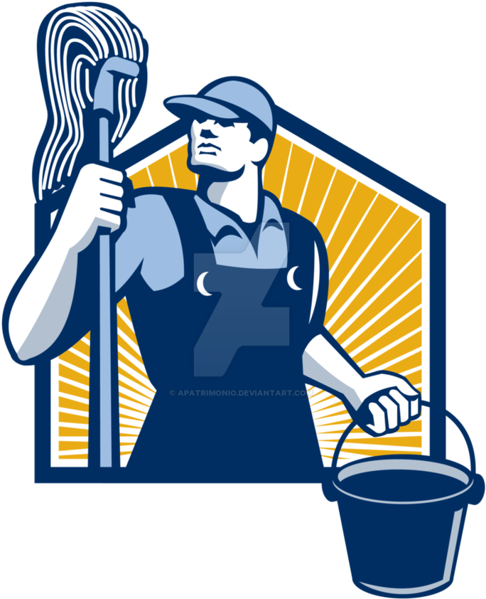 Janitor Cleaner Holding Mop Bucket Retro By Apatrimonio - Janitor Cleaner Holding Mop Bucket Retro Flask (894x894)