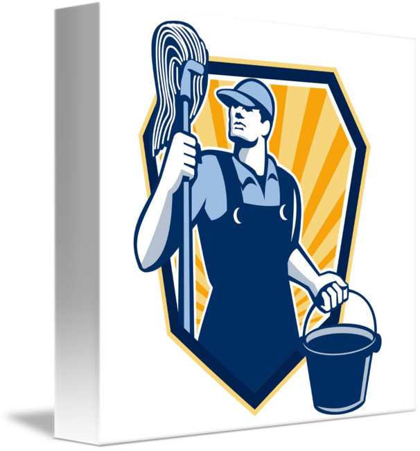 Janitor Cleaner Holding Mop Bucket Retro Mugs (606x650)