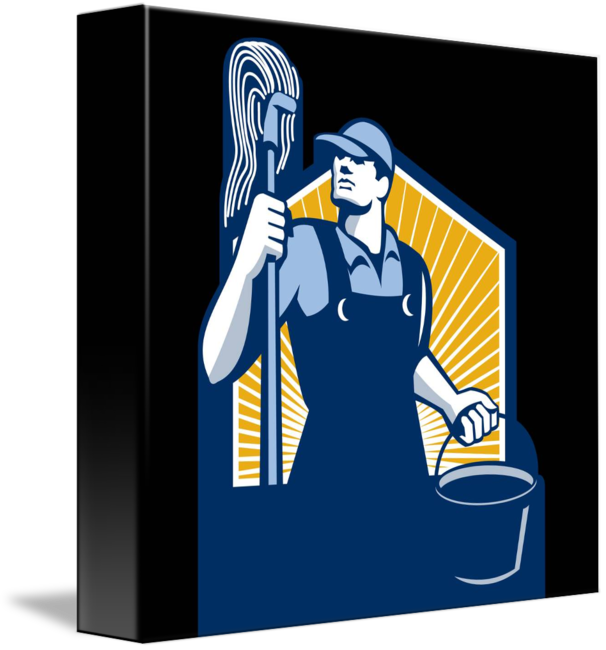 Janitor Cleaner Holding Mop Bucket Retro Flask (606x650)