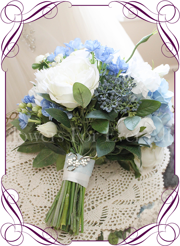 Silk Artificial Bridal Posy Bouquet With Light Blue, - Bouquet (608x822)